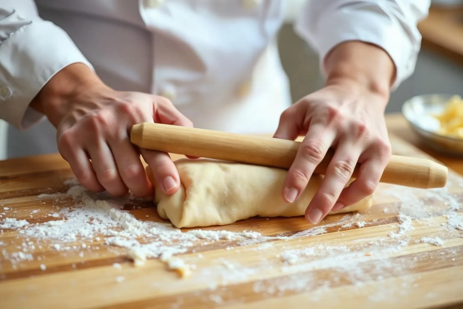 Le mani di un cuoco stendono la sfoglia di pasta fresca con il mattarello sul tagliere infarinato