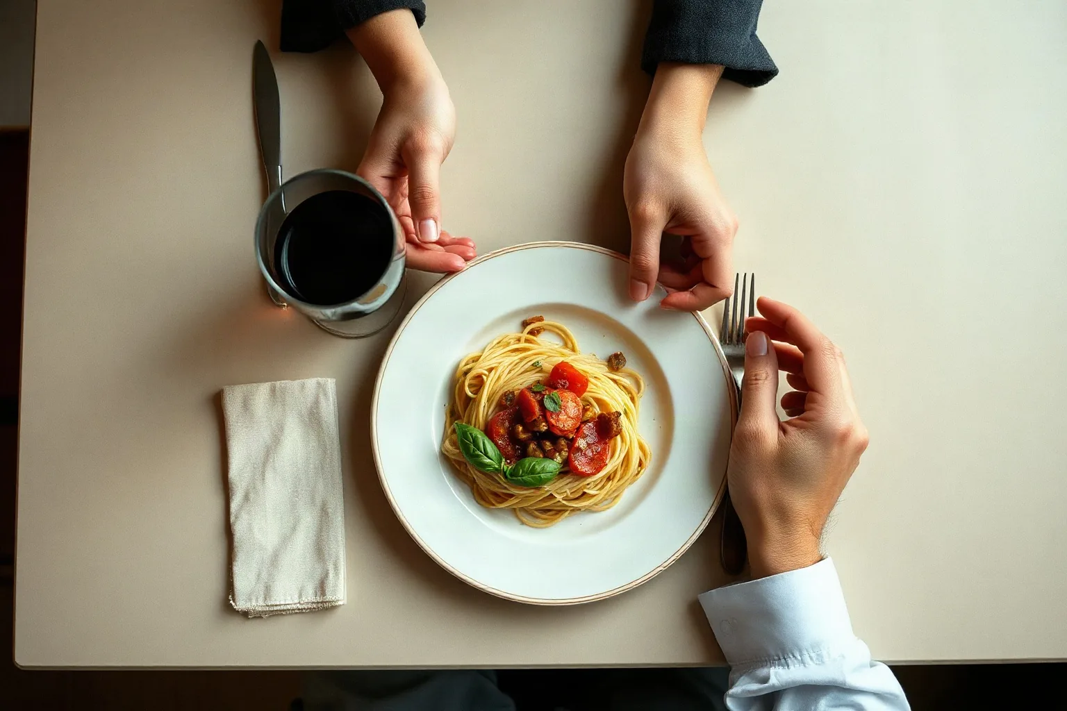 Un piatto di spaghetti al pomodoro e basilico su una tavola apparecchiata, con un bicchiere di vino rosso