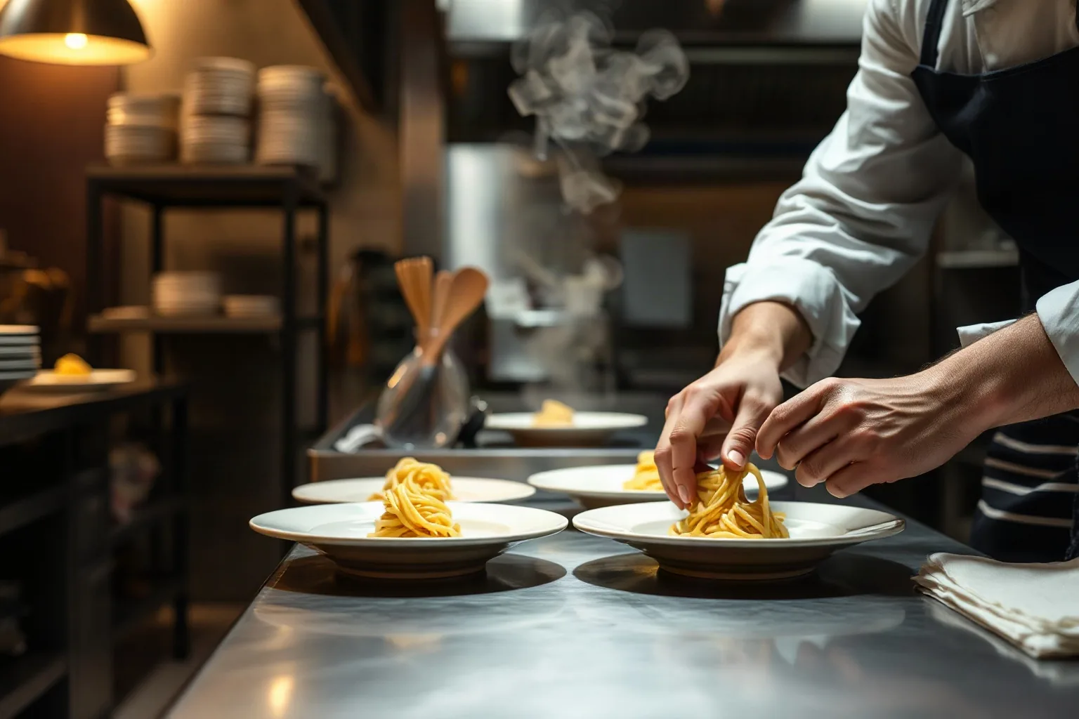 Le mani di un cuoco impiattano la pasta fresca sul banco d'acciaio della cucina