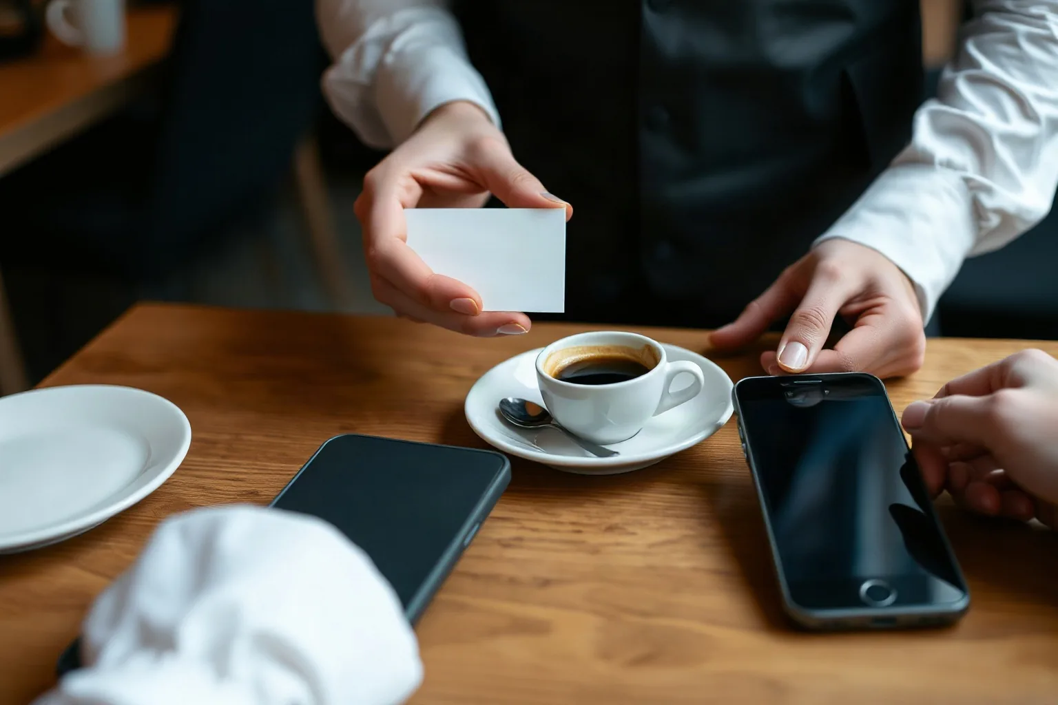 Le mani di un cameriere porgono un cartoncino bianco accanto a un caffè, sul tavolo di legno di un bar