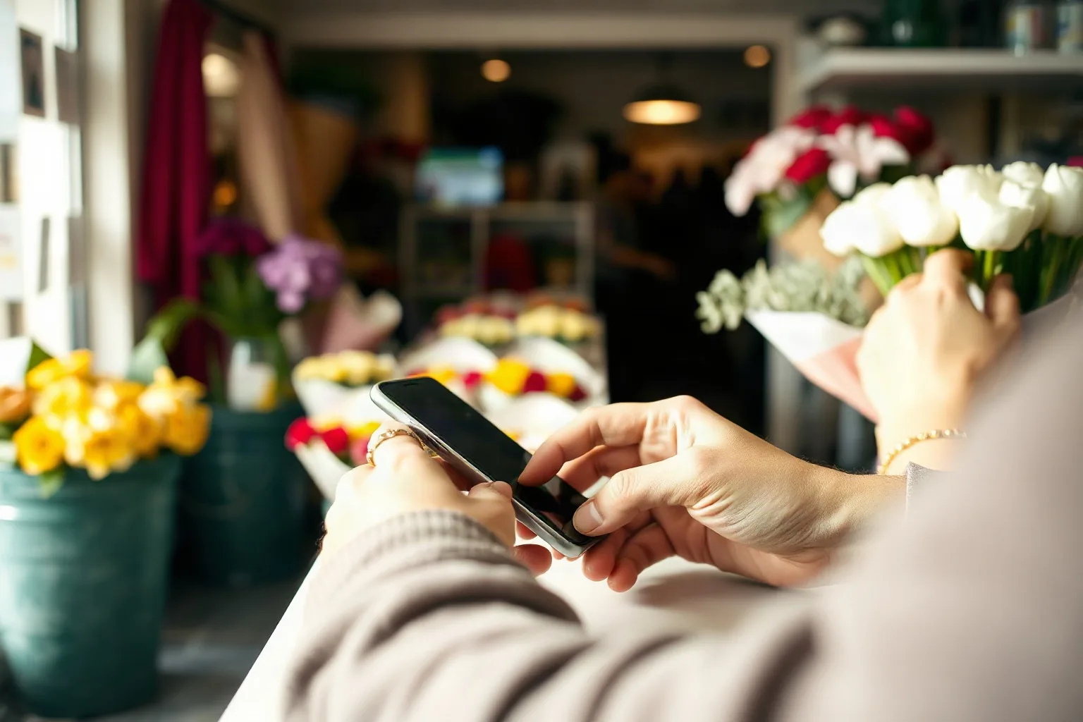 Le mani di una fiorista scrivono al telefono dal bancone del negozio, tra i secchi di fiori freschi