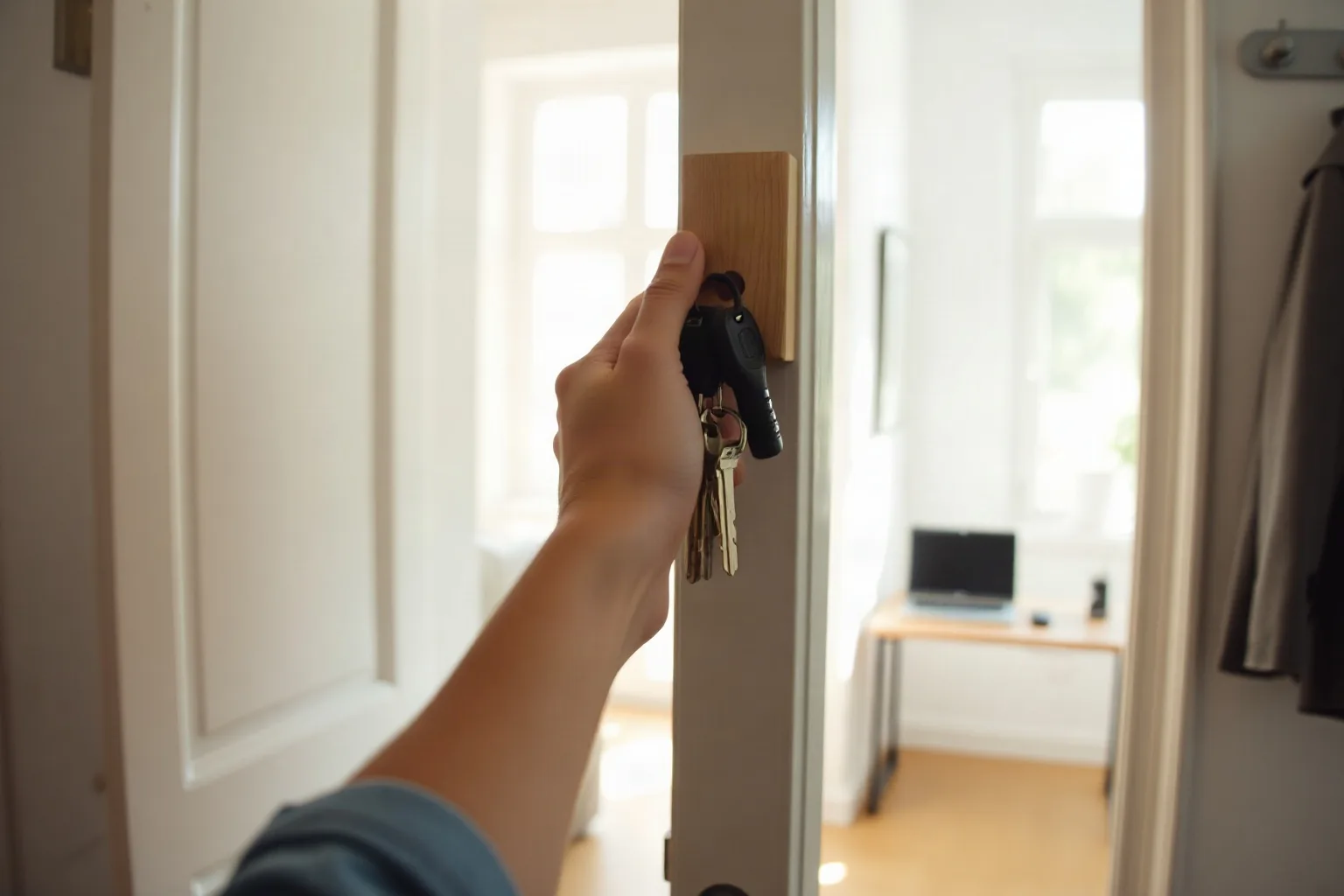 Una mano appende un mazzo di chiavi al portachiavi di legno accanto alla porta di un piccolo ufficio
