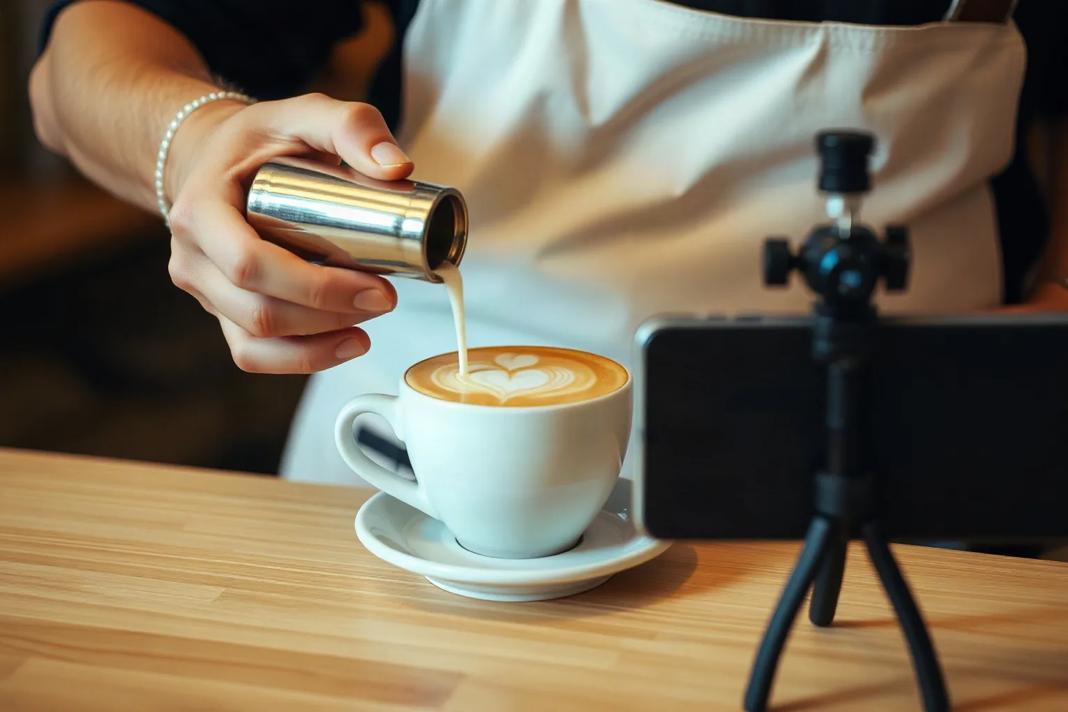 Le mani di un barista disegnano un cuore nel cappuccino, con un telefono su un piccolo treppiede pronto a riprendere
