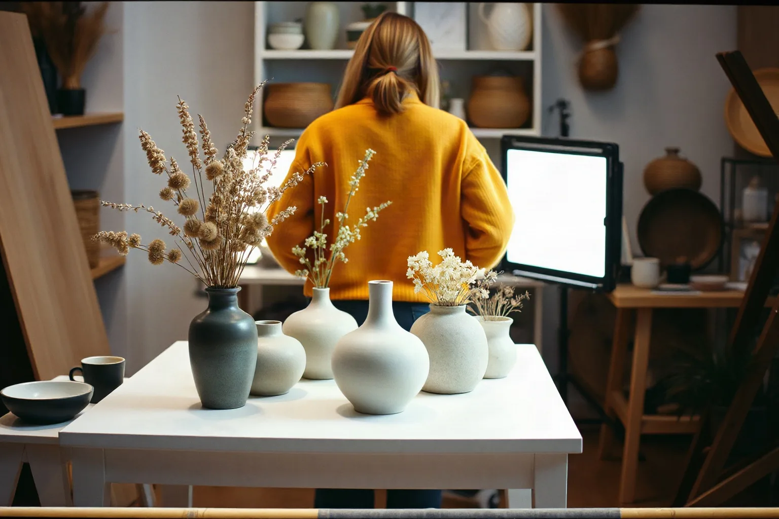 Una negoziante, di spalle, prepara un angolo con vasi di ceramica e fiori secchi da fotografare, accanto a un pannello di luce