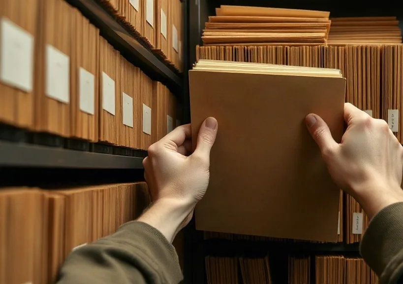 Le mani di un professionista prendono una cartellina dallo scaffale dell'archivio