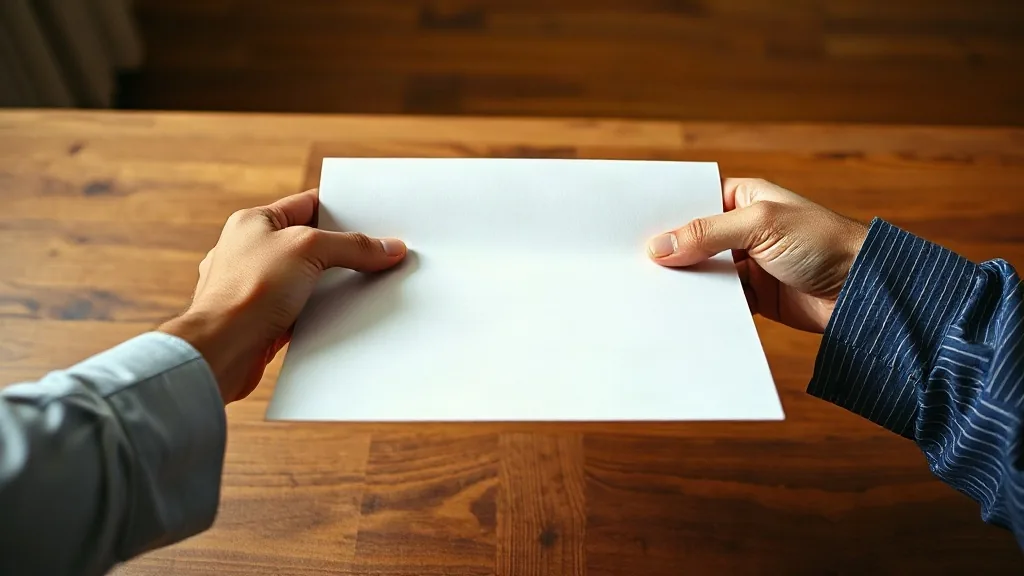 Due mani si passano una cartellina sopra una scrivania di legno