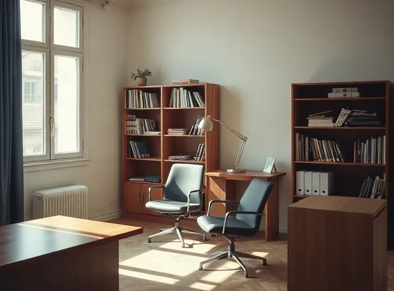 Lo studio di un professionista con la scrivania, due sedie per i clienti e le librerie