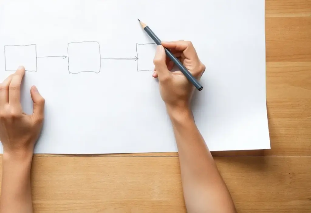 Due mani disegnano a matita uno schema di caselle e frecce su un grande foglio bianco
