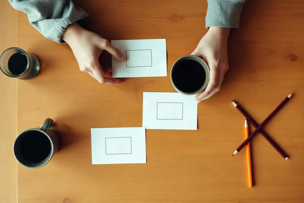 Visto dall'alto, due persone spostano sul tavolo i cartoncini con lo schema delle pagine, tra le tazze di caffè