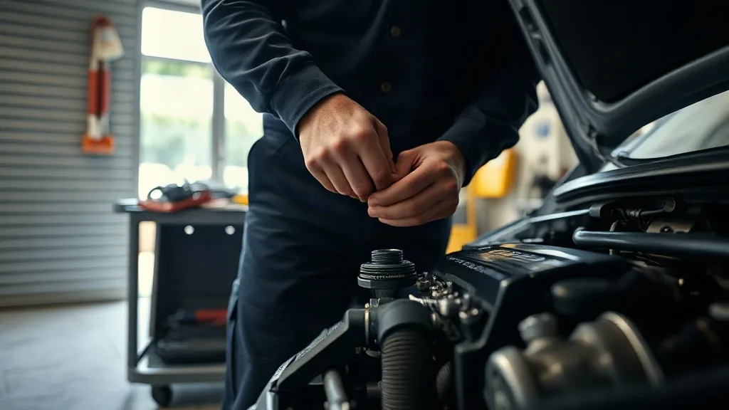Un meccanico al lavoro su un'auto sollevata in officina