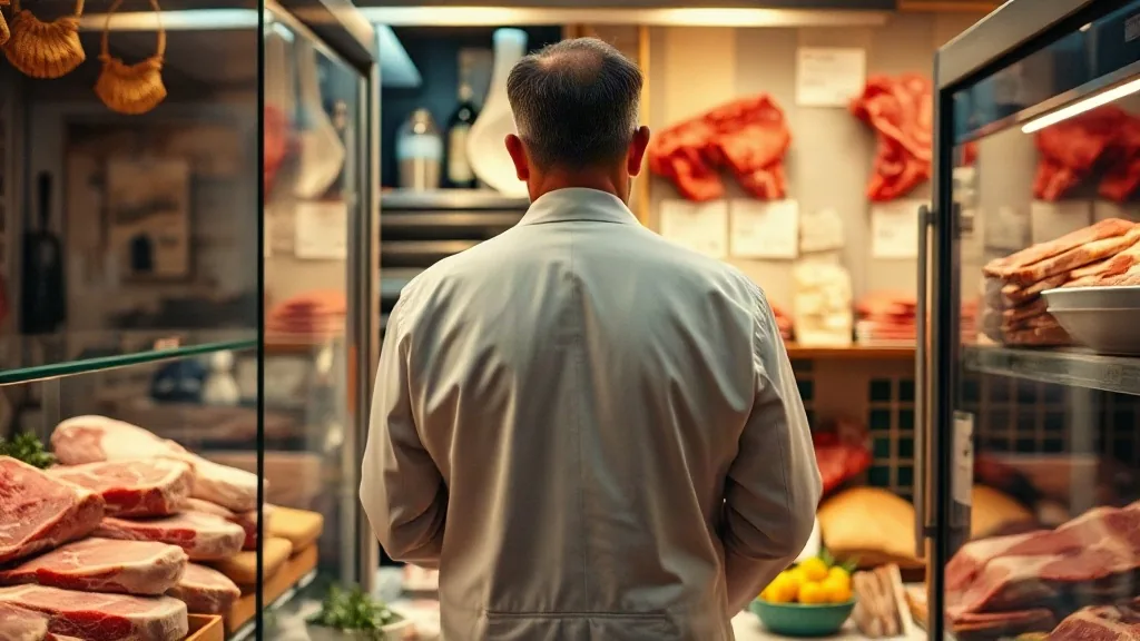 Il banco di una macelleria con la carne esposta e il macellaio di spalle