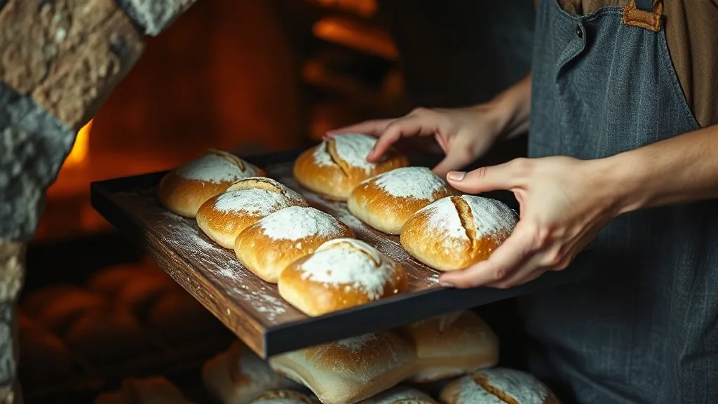 Il bancone di un panificio con il pane esposto