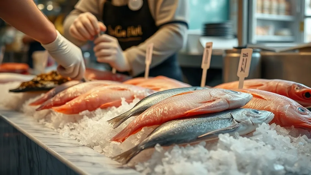 Il banco del pesce con il ghiaccio e la merce del giorno